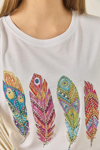 Kadın Bisiklet Yaka Tüy Desen Boncuk İşlemeli Oversize Pamuklu T-Shirt 1820 60283285 - Beyaz