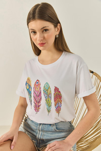 Kadın Bisiklet Yaka Tüy Desen Boncuk İşlemeli Oversize Pamuklu T-Shirt 1820 60283285 - Beyaz
