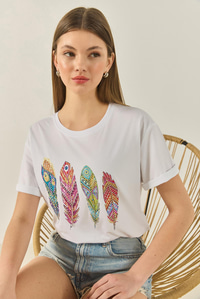 Kadın Bisiklet Yaka Tüy Desen Boncuk İşlemeli Oversize Pamuklu T-Shirt 1820 60283285 - Beyaz