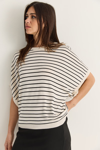 Kadın Bisiklet Yaka Yarasa Kol Çizgili Oversize Merserize Triko Bluz TK261118 60286517 - Krem-Siyah BLUZ modelleri