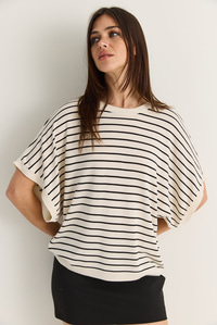 Kadın Bisiklet Yaka Yarasa Kol Çizgili Oversize Merserize Triko Bluz TK261118 60286517 - Krem-Siyah BLUZ modelleri
