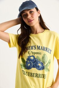 Kadın Blueberries Baskılı Bisiklet Yaka %100 Pamuklu T-Shirt 6702 60283451 - Sarı