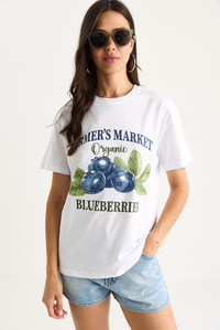 Kadın Blueberries Baskılı Bisiklet Yaka %100 Pamuklu T-Shirt 6702 60283451 - Beyaz