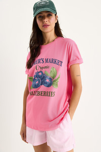 Kadın Blueberries Baskılı Bisiklet Yaka %100 Pamuklu T-Shirt 6702 60283451 - Pembe
