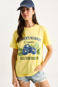Kadın Blueberries Baskılı Bisiklet Yaka %100 Pamuklu T-Shirt 6702 60283451 - Sarı