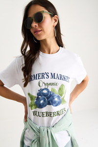 Kadın Blueberries Baskılı Bisiklet Yaka %100 Pamuklu T-Shirt 6702 60283451 - Beyaz