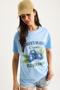 Kadın Blueberries Baskılı Bisiklet Yaka %100 Pamuklu T-Shirt 6702 60283451 - Bebe Mavisi