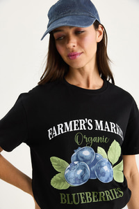 Kadın Blueberries Baskılı Bisiklet Yaka %100 Pamuklu T-Shirt 6702 60283451 - Siyah