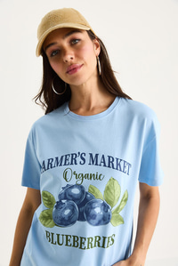 Kadın Blueberries Baskılı Bisiklet Yaka %100 Pamuklu T-Shirt 6702 60283451 - Bebe Mavisi