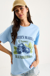 Kadın Blueberries Baskılı Bisiklet Yaka %100 Pamuklu T-Shirt 6702 60283451 - Bebe Mavisi