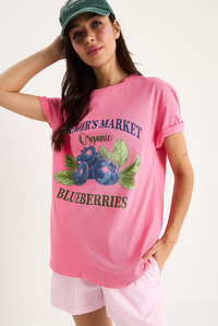 Kadın Blueberries Baskılı Bisiklet Yaka %100 Pamuklu T-Shirt 6702 60283451 - Pembe