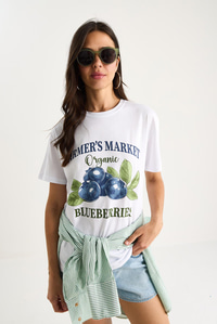 Kadın Blueberries Baskılı Bisiklet Yaka %100 Pamuklu T-Shirt 6702 60283451 - Beyaz