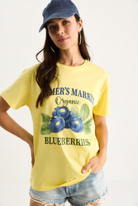 Kadın Blueberries Baskılı Bisiklet Yaka %100 Pamuklu T-Shirt 6702 60283451 - Sarı