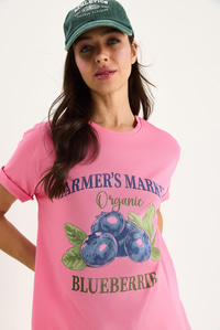 Kadın Blueberries Baskılı Bisiklet Yaka %100 Pamuklu T-Shirt 6702 60283451 - Pembe