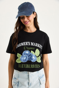 Kadın Blueberries Baskılı Bisiklet Yaka %100 Pamuklu T-Shirt 6702 60283451 - Siyah