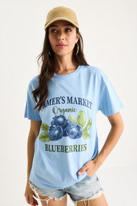 Kadın Blueberries Baskılı Bisiklet Yaka %100 Pamuklu T-Shirt 6702 60283451 - Bebe Mavisi