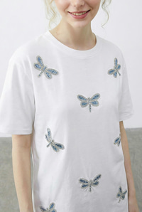 Kadın Boncuk Taş İşlemeli Yusufçuk Desenli Rahat Kalıp T-Shirt 2212 60283971 - Beyaz T-SHİRT modelleri