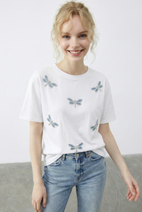 Kadın Boncuk Taş İşlemeli Yusufçuk Desenli Rahat Kalıp T-Shirt 2212 60283971 - Beyaz T-SHİRT modelleri