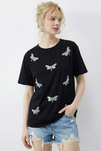 Kadın Boncuk Taş İşlemeli Yusufçuk Desenli Rahat Kalıp T-Shirt 2212 60283971 - Siyah T-SHİRT modelleri