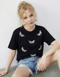 Kadın Boncuk Taş İşlemeli Yusufçuk Desenli Rahat Kalıp T-Shirt 2212 60283971 - Siyah T-SHİRT modelleri