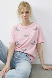 Kadın Boncuk Taş İşlemeli Yusufçuk Desenli Rahat Kalıp T-Shirt 2212 60283971 - Şeker Pembe T-SHİRT modelleri
