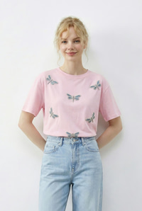 Kadın Boncuk Taş İşlemeli Yusufçuk Desenli Rahat Kalıp T-Shirt 2212 60283971 - Şeker Pembe T-SHİRT modelleri