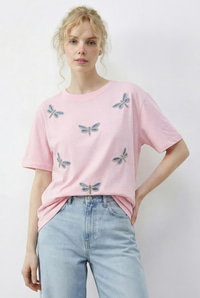 Kadın Boncuk Taş İşlemeli Yusufçuk Desenli Rahat Kalıp T-Shirt 2212 60283971 - Şeker Pembe T-SHİRT modelleri
