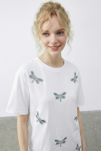 Kadın Boncuk Taş İşlemeli Yusufçuk Desenli Rahat Kalıp T-Shirt 2212 60283971 - Beyaz T-SHİRT modelleri