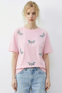 Kadın Boncuk Taş İşlemeli Yusufçuk Desenli Rahat Kalıp T-Shirt 2212 60283971 - Şeker Pembe T-SHİRT modelleri