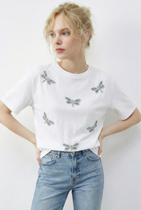 Kadın Boncuk Taş İşlemeli Yusufçuk Desenli Rahat Kalıp T-Shirt 2212 60283971 - Beyaz T-SHİRT modelleri