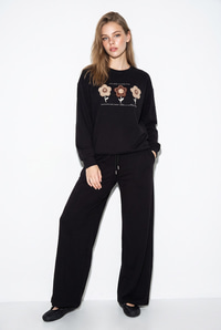 Kadın Boncuk ve Pul İşlemeli Çiçek Aplikeli Oversize Sweat Bol Pantolon Pamuk Modal Takım 2265 60286491 - Siyah ALT - ÜST TAKIM modelleri