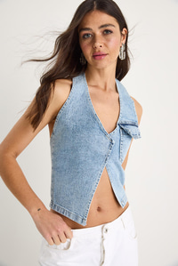Kadın Boyundan Askılı Dekolte Detaylı Denim Bluz 3433 60283271 - Buz Mavisi