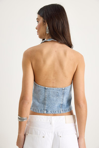 Kadın Boyundan Askılı Dekolte Detaylı Denim Bluz 3433 60283271 - Buz Mavisi