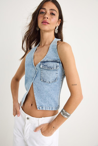 Kadın Boyundan Askılı Dekolte Detaylı Denim Bluz 3433 60283271 - Buz Mavisi