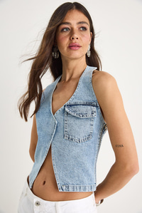 Kadın Boyundan Askılı Dekolte Detaylı Denim Bluz 3433 60283271 - Buz Mavisi
