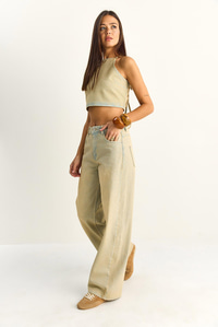 Kadın Boyundan Bağlamalı Crop Top Wide Leg Pantolon Denim Alt-Üst Takım 26089 60286151 - Buğday ALT - ÜST TAKIM modelleri