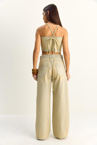 Kadın Boyundan Bağlamalı Crop Top Wide Leg Pantolon Denim Alt-Üst Takım 26089 60286151 - Buğday ALT - ÜST TAKIM modelleri