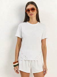 Kadın Brode Detaylı Bisiklet Yaka Basic T-Shirt 7545 60283954 - Beyaz T-SHİRT modelleri