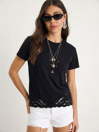 Kadın Brode Detaylı Bisiklet Yaka Basic T-Shirt 7545 60283954 - Siyah T-SHİRT modelleri