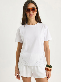 Kadın Brode Detaylı Bisiklet Yaka Basic T-Shirt 7545 60283954 - Beyaz T-SHİRT modelleri