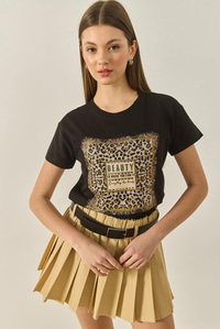 Kadın Bsisiklet Yaka Kısa Kollu Taş Baskılı Leopar Detaylı Normal Kalıp T-Shirt 1631 60283280 - Siyah