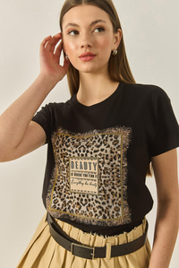 Kadın Bsisiklet Yaka Kısa Kollu Taş Baskılı Leopar Detaylı Normal Kalıp T-Shirt 1631 60283280 - Siyah