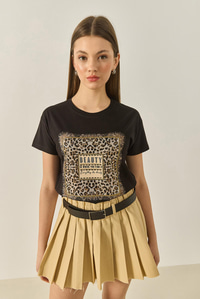 Kadın Bsisiklet Yaka Kısa Kollu Taş Baskılı Leopar Detaylı Normal Kalıp T-Shirt 1631 60283280 - Siyah