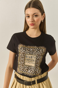 Kadın Bsisiklet Yaka Kısa Kollu Taş Baskılı Leopar Detaylı Normal Kalıp T-Shirt 1631 60283280 - Siyah