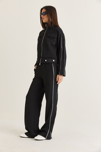 Kadın Cep Detaylı Dik Yaka Fermuarlı Biyeli Ceket Wide Leg Pantolon Eşofman Takım 4221 60286662 - Siyah ALT - ÜST TAKIM modelleri