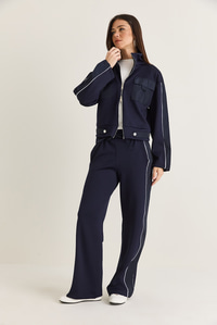 Kadın Cep Detaylı Dik Yaka Fermuarlı Biyeli Ceket Wide Leg Pantolon Eşofman Takım 4221 60286662 - Lacivert ALT - ÜST TAKIM modelleri