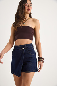 Kadın Cep Detaylı Kruvaze Kapamalı Denim Şort Etek 8017 60283266 - Lacivert