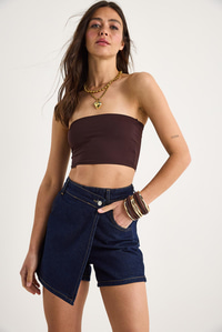 Kadın Cep Detaylı Kruvaze Kapamalı Denim Şort Etek 8017 60283266 - Lacivert