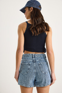 Kadın Cep Detaylı Kruvaze Kapamalı Dokulu Denim Şort Etek 8017 60283269 - Mavi