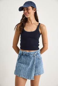 Kadın Cep Detaylı Kruvaze Kapamalı Dokulu Denim Şort Etek 8017 60283269 - Mavi